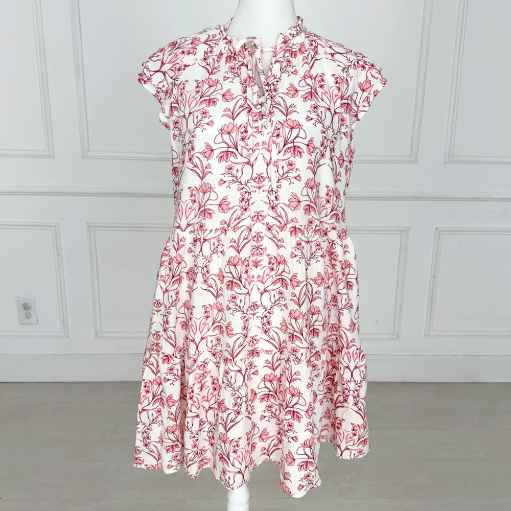 Linen Floral Toille Sleeveless Mini Dress Red White Summer Tiered Lightweight